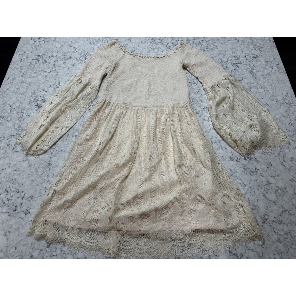 Taylor & Sage Women's Medium Ivory Off Shoulder Lace Bell Sleeve Boho Mini Dress